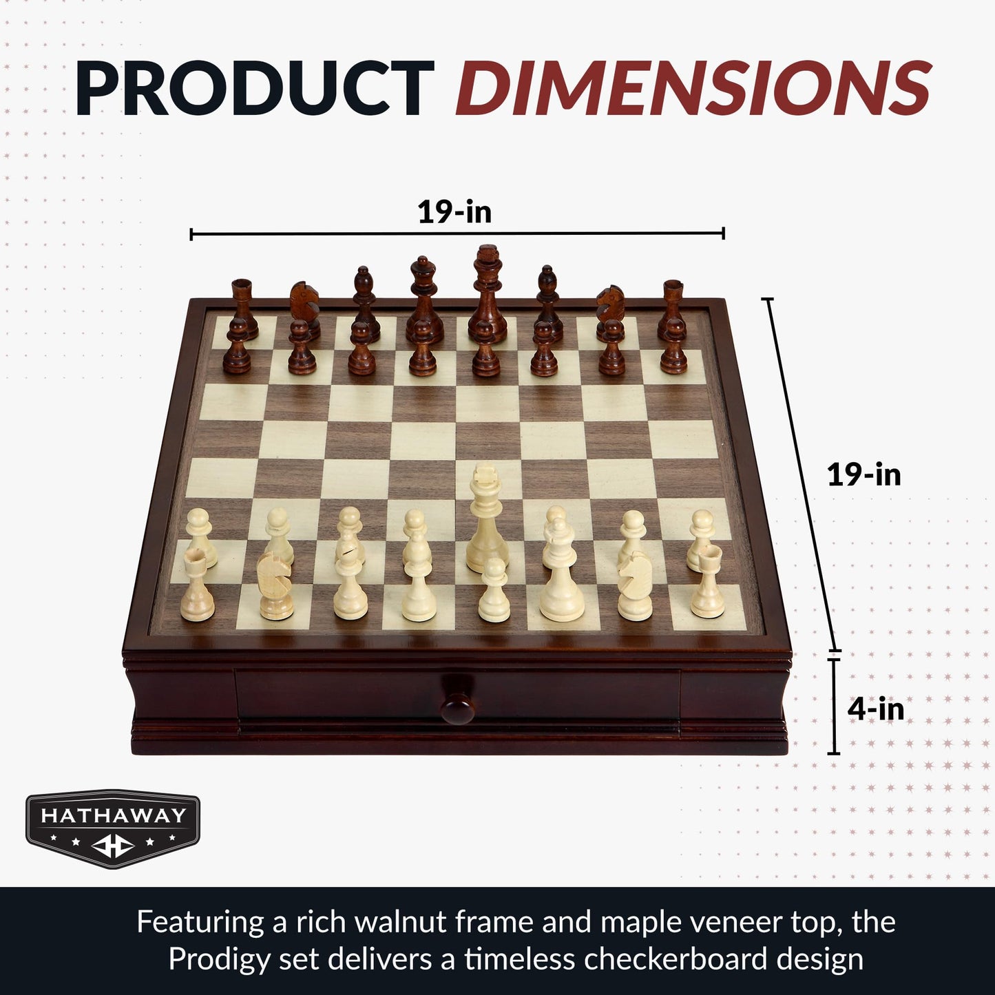Hathaway Prodigy 19-in Wooden Chess and Checkers Set – Hardwood Board with Hand-Carved Pieces, Built-in Storage Drawers - Complete Wooden Chess Set - Walnut and Maple Finish