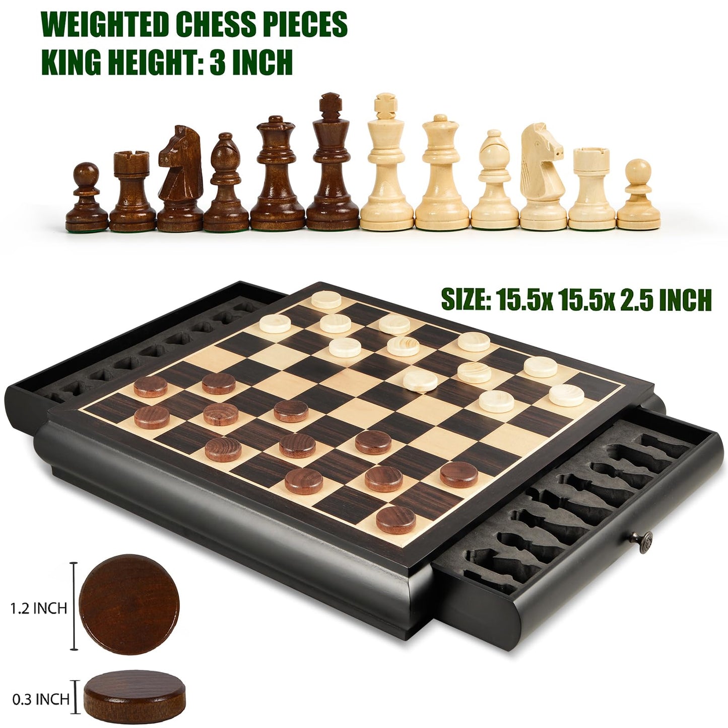 VAMSLOVE Wooden Chess Checkers Game Set 15.5" Large Size Board w/Storage Drawers, Weighted Chess Pieces - 2 Extra Queens 3" King, Gift for Birthday Housewarming Retirement - Black