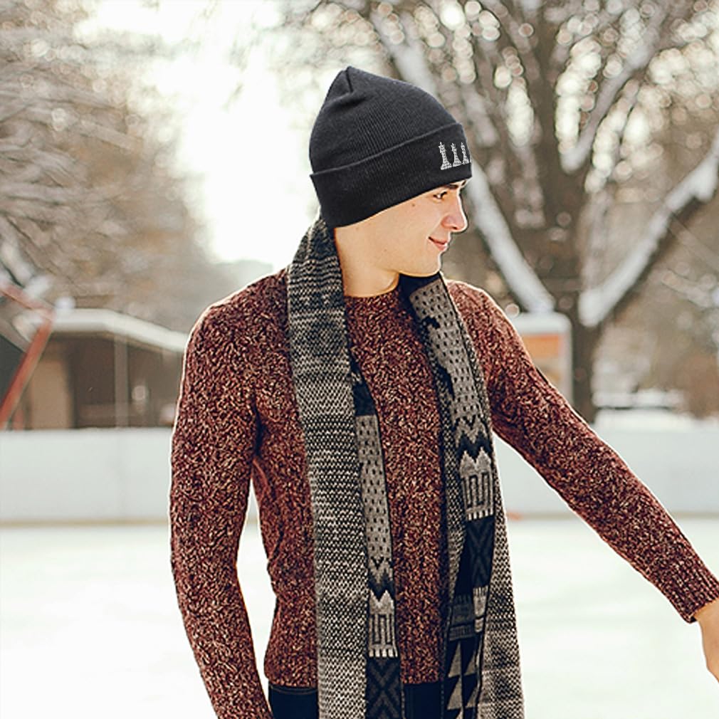 Beanies for Men Chess Set White Embroidery Chess Winter Hats for Women Acrylic Skull Cap 1 Size Black Design Only