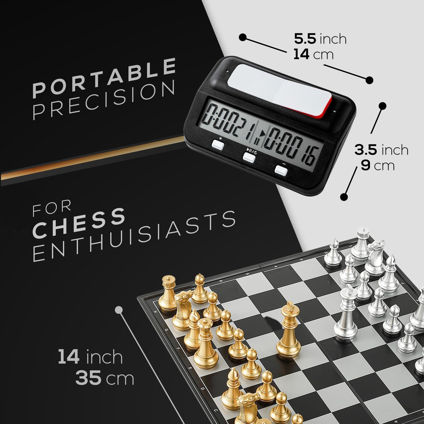 Magnetic Chess Game & Digital Clock Timer Set - Professional and Portable, 14" x 14" Travel Chess, Board Games