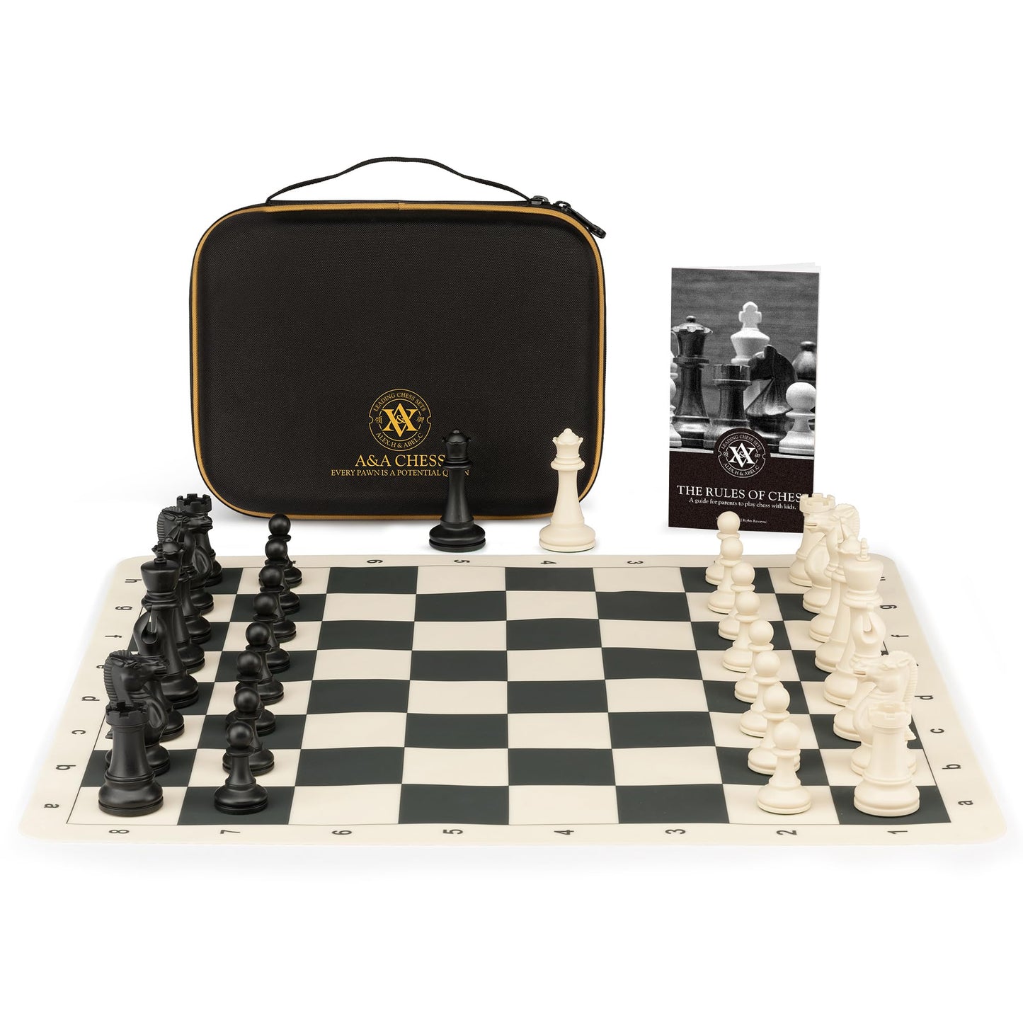A&A Tournament Chess Set/ 20''x20'' Foldable Silicone Chess Board / 3.75'' King Height Plastic Quadruple Weighted Classic Staunton Pieces/Storage Bag for 6 Years Old - 2 Players