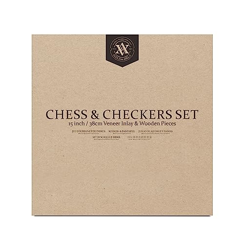 A&A 15 inch Walnut Wooden Chess Sets with Storage Drawer, Triple Weighted Chess Pieces,3.0 inch King Height,Walnut Box,Walnut & Maple Inlay, 2 Extra Queen,Classic 2 in 1 Chess and Checkers Board Games