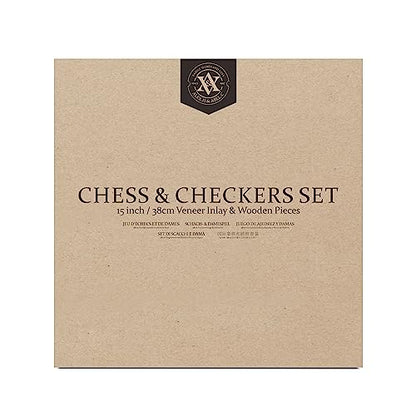 A&A 15 inch Walnut Wooden Chess Sets with Storage Drawer, Triple Weighted Chess Pieces,3.0 inch King Height,Walnut Box,Walnut & Maple Inlay, 2 Extra Queen,Classic 2 in 1 Chess and Checkers Board Games