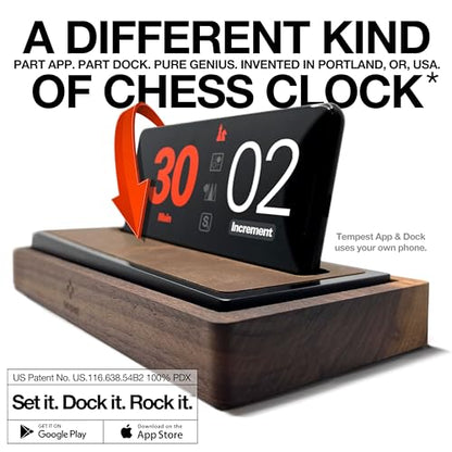Tempest Deluxe Chess Clock (App & Dock Hybrid) – Solid Walnut & Genuine Leather | Transform Your Phone into a Premium, Customizable Game Timer | iOS & Android App + Deluxe Dock