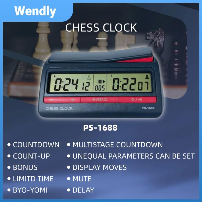 Digital Chess Timer Clock – Tournament‑Grade, 42 Modes, Silent Buttons, Dual‑Side, for US‑Chess/Fide, Go, Xiangqi, Backgammon. Same as pursun PS‑1688.
