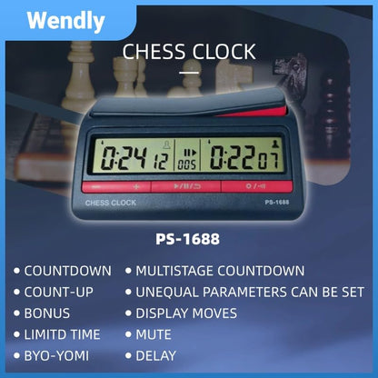 Digital Chess Timer Clock – Tournament‑Grade, 42 Modes, Silent Buttons, Dual‑Side, for US‑Chess/Fide, Go, Xiangqi, Backgammon. Same as pursun PS‑1688.