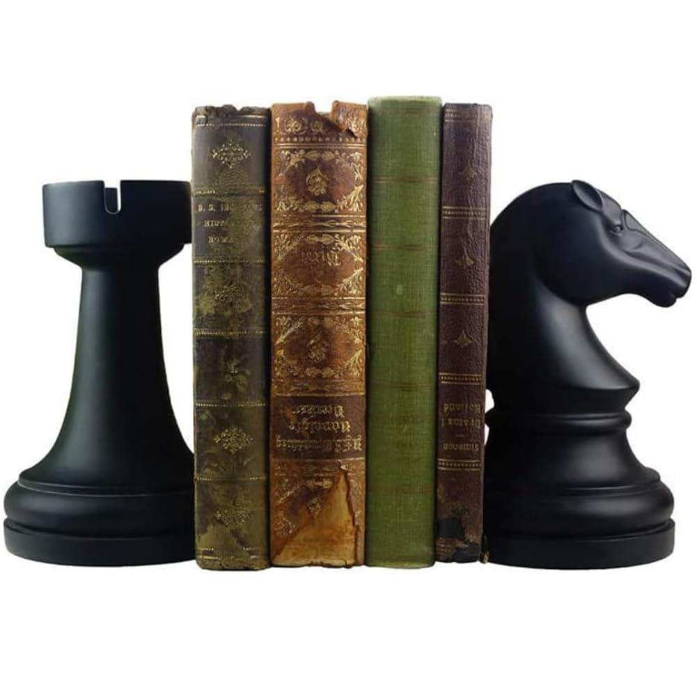 Chess Piece Bookends, 6.7Inch Tall Classic Decorative Resin Book Shelf Organizers with Knight and Rook Book Stopper