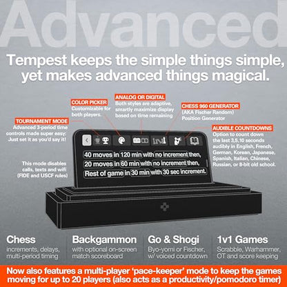 Tempest Deluxe Chess Clock (App & Dock Hybrid) – Solid Walnut & Genuine Leather | Transform Your Phone into a Premium, Customizable Game Timer | iOS & Android App + Deluxe Dock