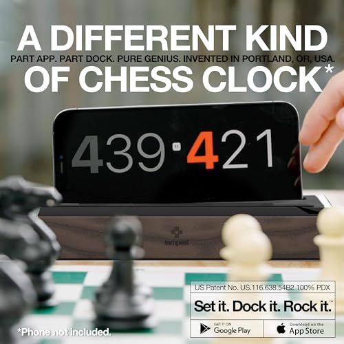 Tempest Deluxe Chess Clock (App & Dock Hybrid) – Solid Walnut & Genuine Leather | Transform Your Phone into a Premium, Customizable Game Timer | iOS & Android App + Deluxe Dock