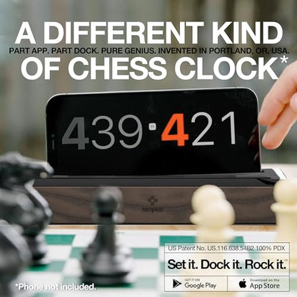 Tempest Deluxe Chess Clock (App & Dock Hybrid) – Solid Walnut & Genuine Leather | Transform Your Phone into a Premium, Customizable Game Timer | iOS & Android App + Deluxe Dock