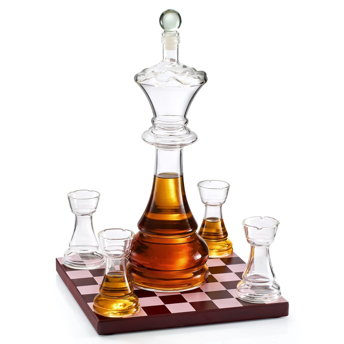 Chess Gift Decanter Set by The Wine Savant - Queen Chess Decanter 750ml 12" H With 4 Rook Shot Glasses 4oz - Queen's Gambit, Chess Player Gifts, Whiskey, Wine Lovers Gifts for Dad, Him, Her, Men