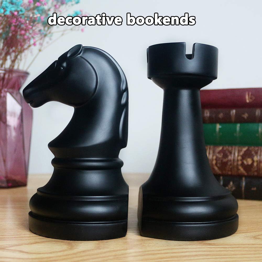 jinhuoba Decorative Bookends Chess Bookends, Black Heavy Book Ends Supports, Unique Book Kends Decor for Office Home Desk Bookrack, 7"(L) x4(W) x7(H), 1Pair/2Piece