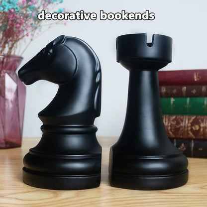 jinhuoba Decorative Bookends Chess Bookends, Black Heavy Book Ends Supports, Unique Book Kends Decor for Office Home Desk Bookrack, 7"(L) x4(W) x7(H), 1Pair/2Piece