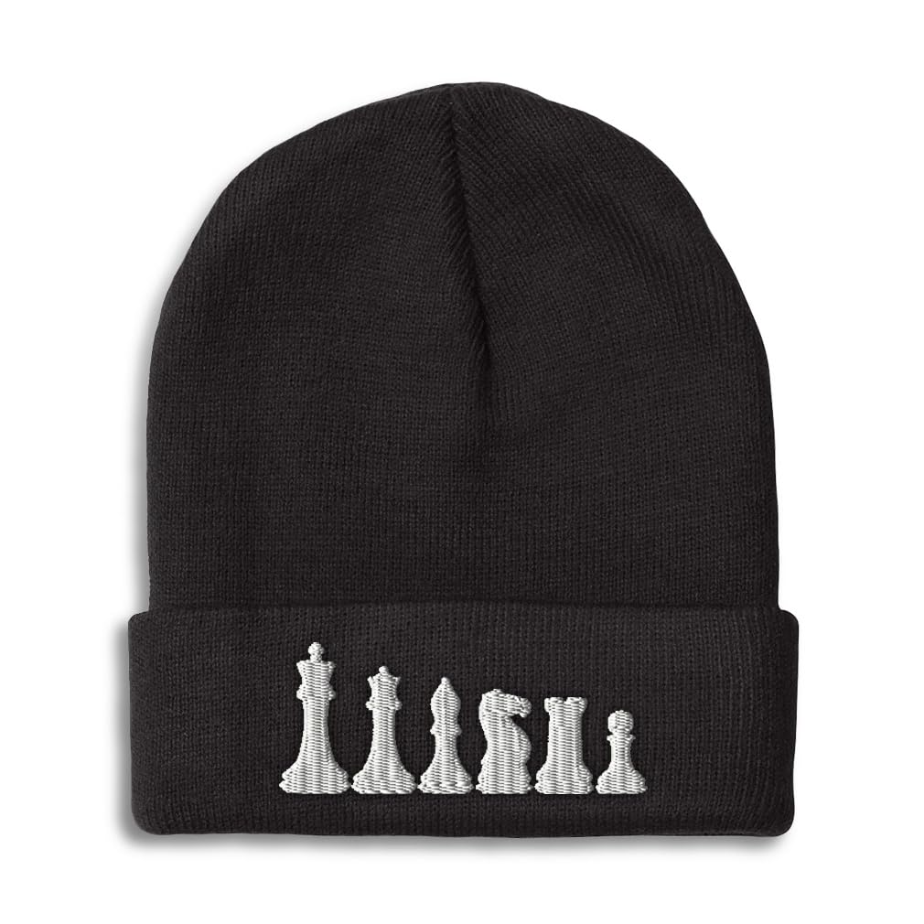Beanies for Men Chess Set White Embroidery Chess Winter Hats for Women Acrylic Skull Cap 1 Size Black Design Only