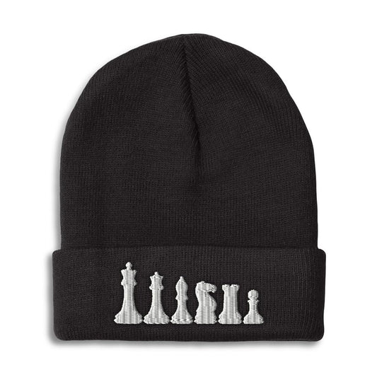 Beanies for Men Chess Set White Embroidery Chess Winter Hats for Women Acrylic Skull Cap 1 Size Black Design Only