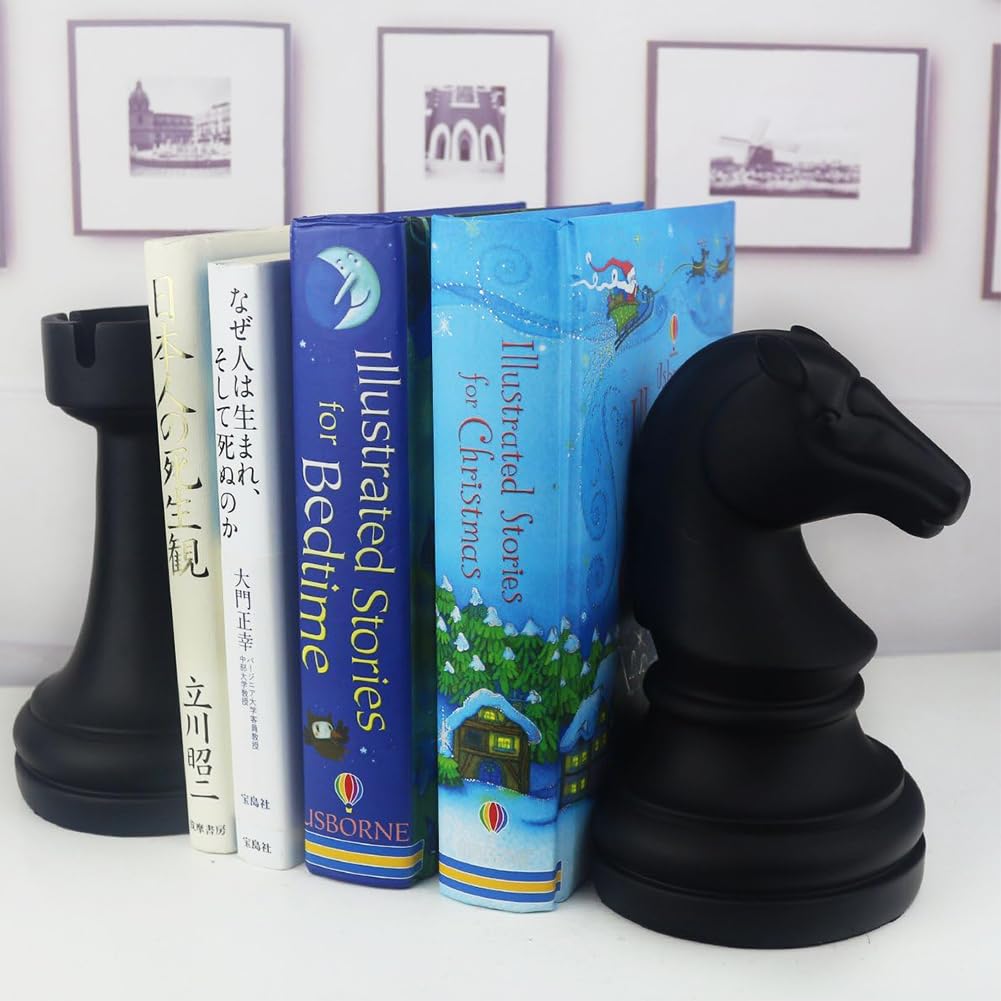 Chess Piece Bookends, 6.7Inch Tall Classic Decorative Resin Book Shelf Organizers with Knight and Rook Book Stopper
