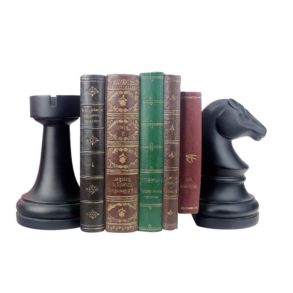 jinhuoba Decorative Bookends Chess Bookends, Black Heavy Book Ends Supports, Unique Book Kends Decor for Office Home Desk Bookrack, 7"(L) x4(W) x7(H), 1Pair/2Piece
