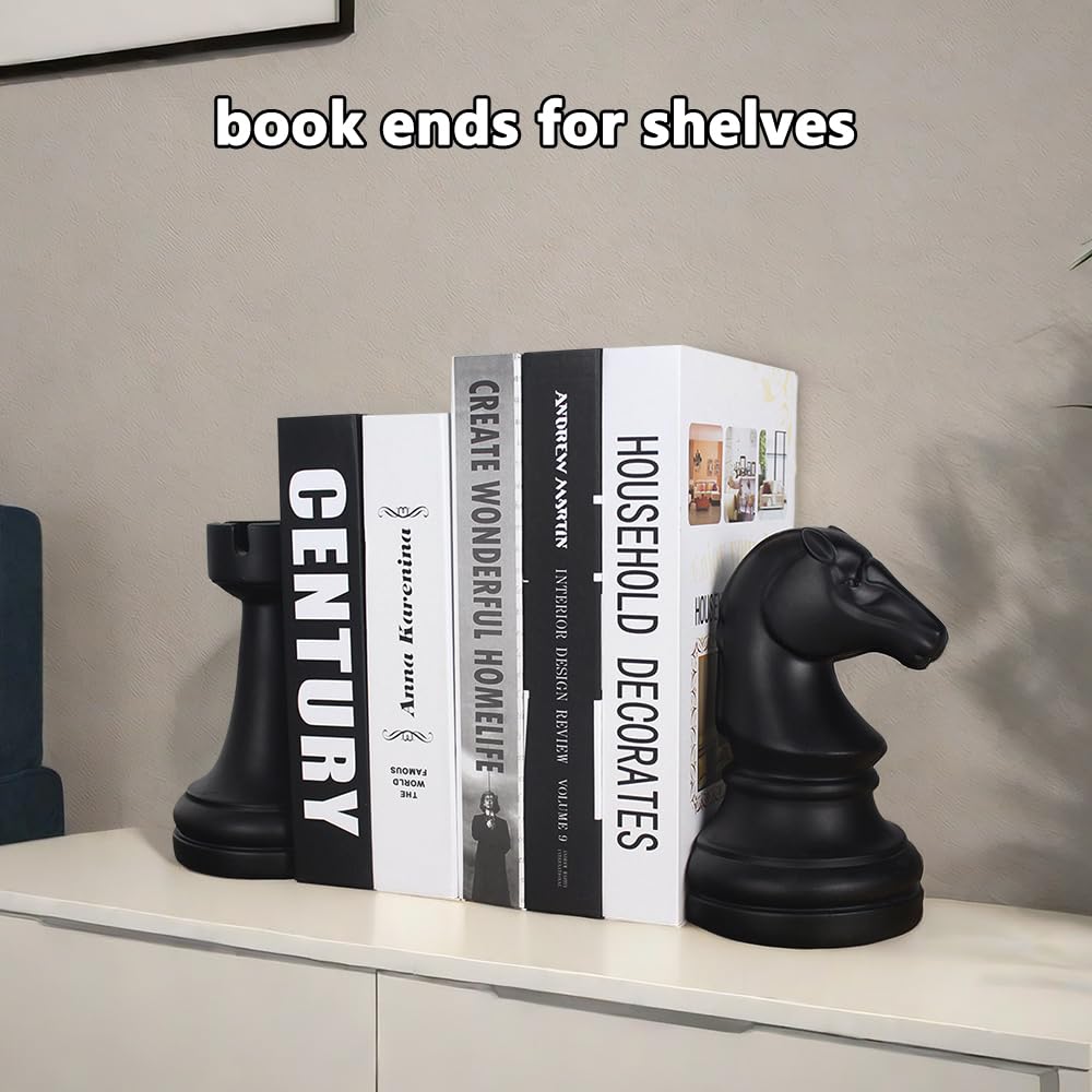 jinhuoba Decorative Bookends Chess Bookends, Black Heavy Book Ends Supports, Unique Book Kends Decor for Office Home Desk Bookrack, 7"(L) x4(W) x7(H), 1Pair/2Piece