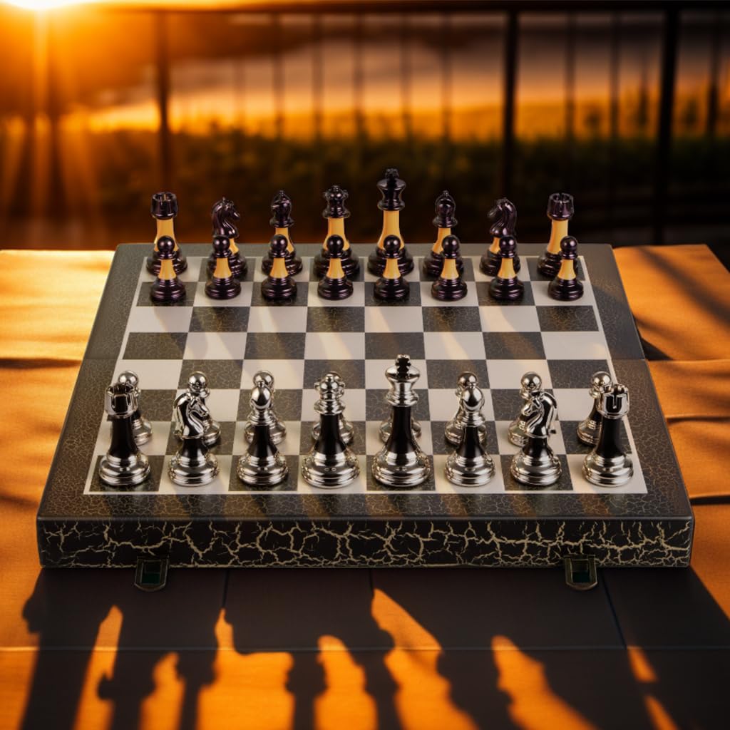 BIVOMON Chess Set 16" Wooden Foldable Black White Chess Board 3.5" Luxury Weighted Acrylic Chess Pieces with Storage Slots for Adults Children Gift Large