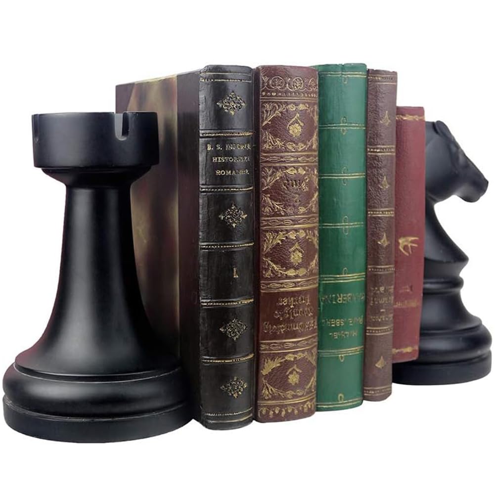 Chess Piece Bookends, 6.7Inch Tall Classic Decorative Resin Book Shelf Organizers with Knight and Rook Book Stopper