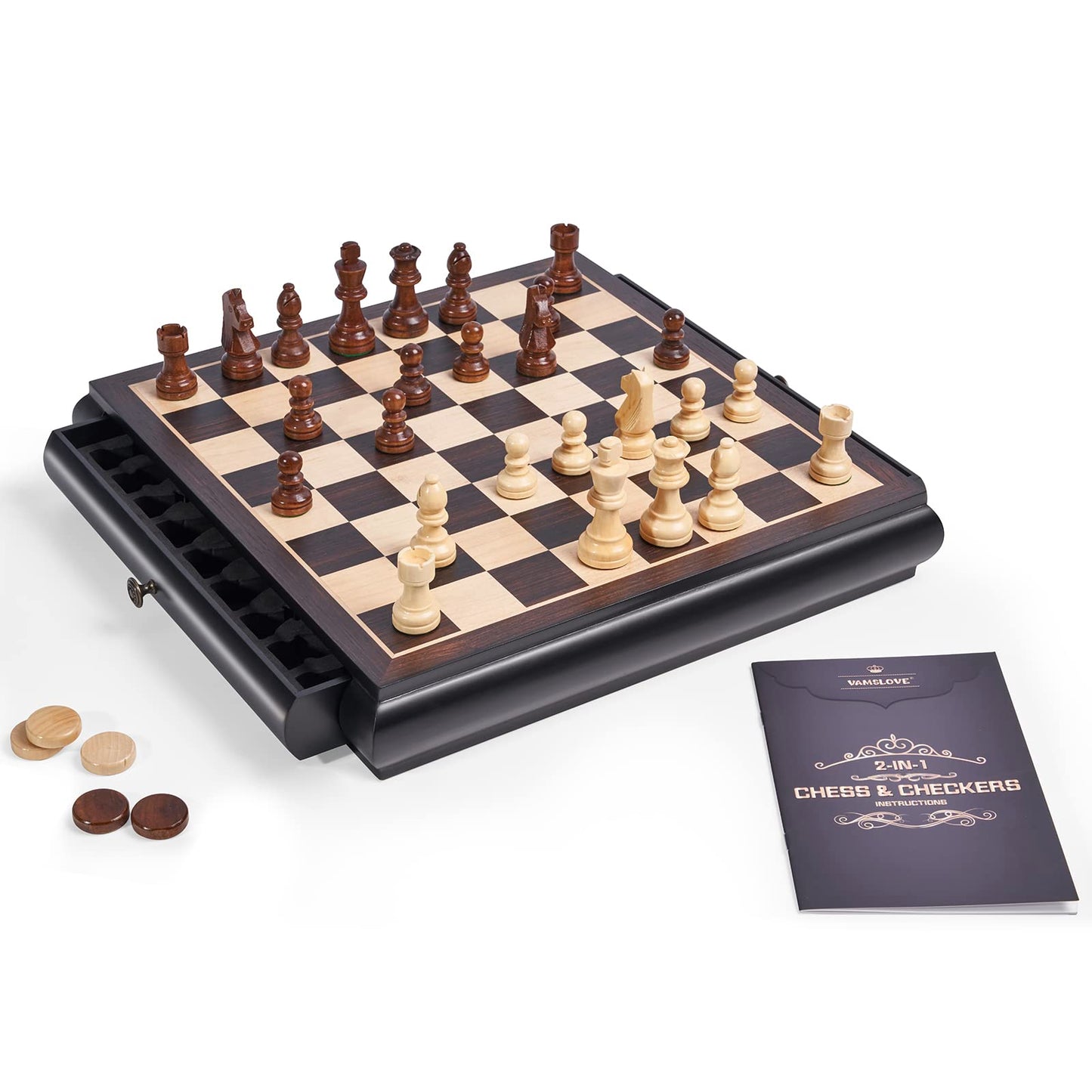VAMSLOVE Wooden Chess Checkers Game Set 15.5" Large Size Board w/Storage Drawers, Weighted Chess Pieces - 2 Extra Queens 3" King, Gift for Birthday Housewarming Retirement - Black