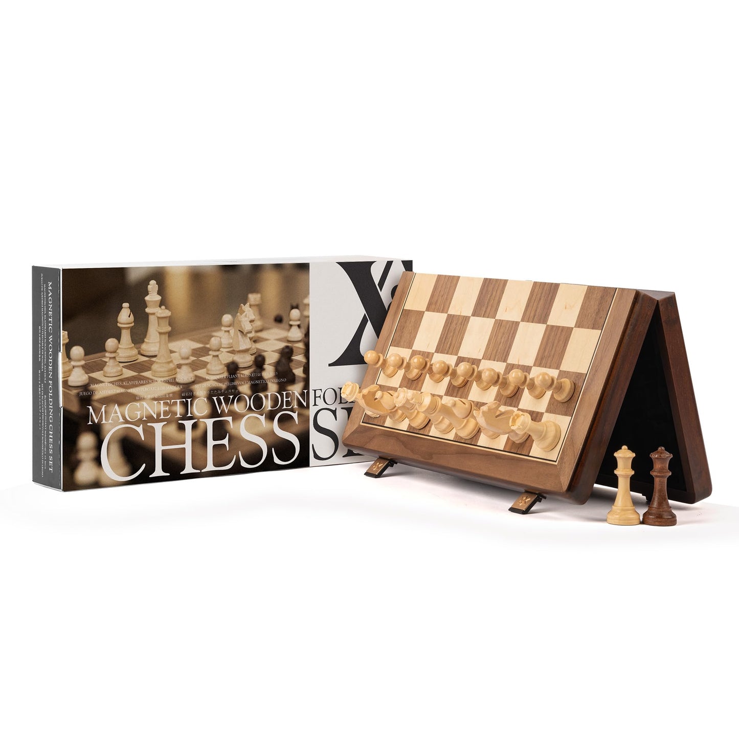 A&A 15" Magnetic Wooden Chess Set, Handmade 3" King Height Knight Staunton Chess Pieces with 2 Extra Queen, Folding Portable Travel Game Set