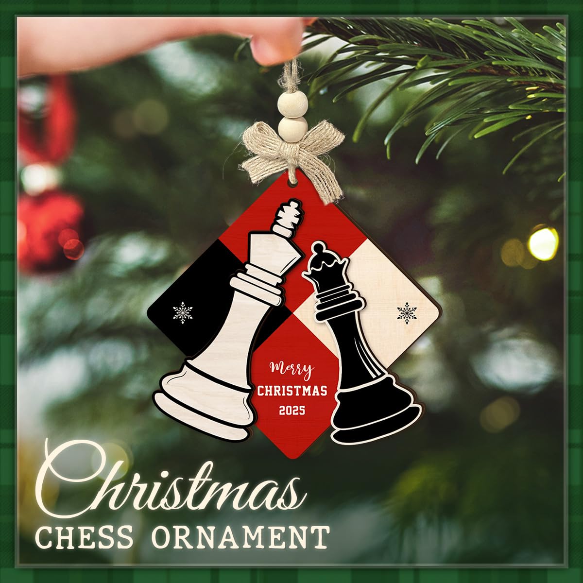 CHOANG Chess Christmas Ornament 2025 - King & Queen Merry Xmas Ornaments, 2 Layer Wood for Chess Lover, Coach, Player, Club, Friend - Tree Hanging Decoration for Kids, Adults