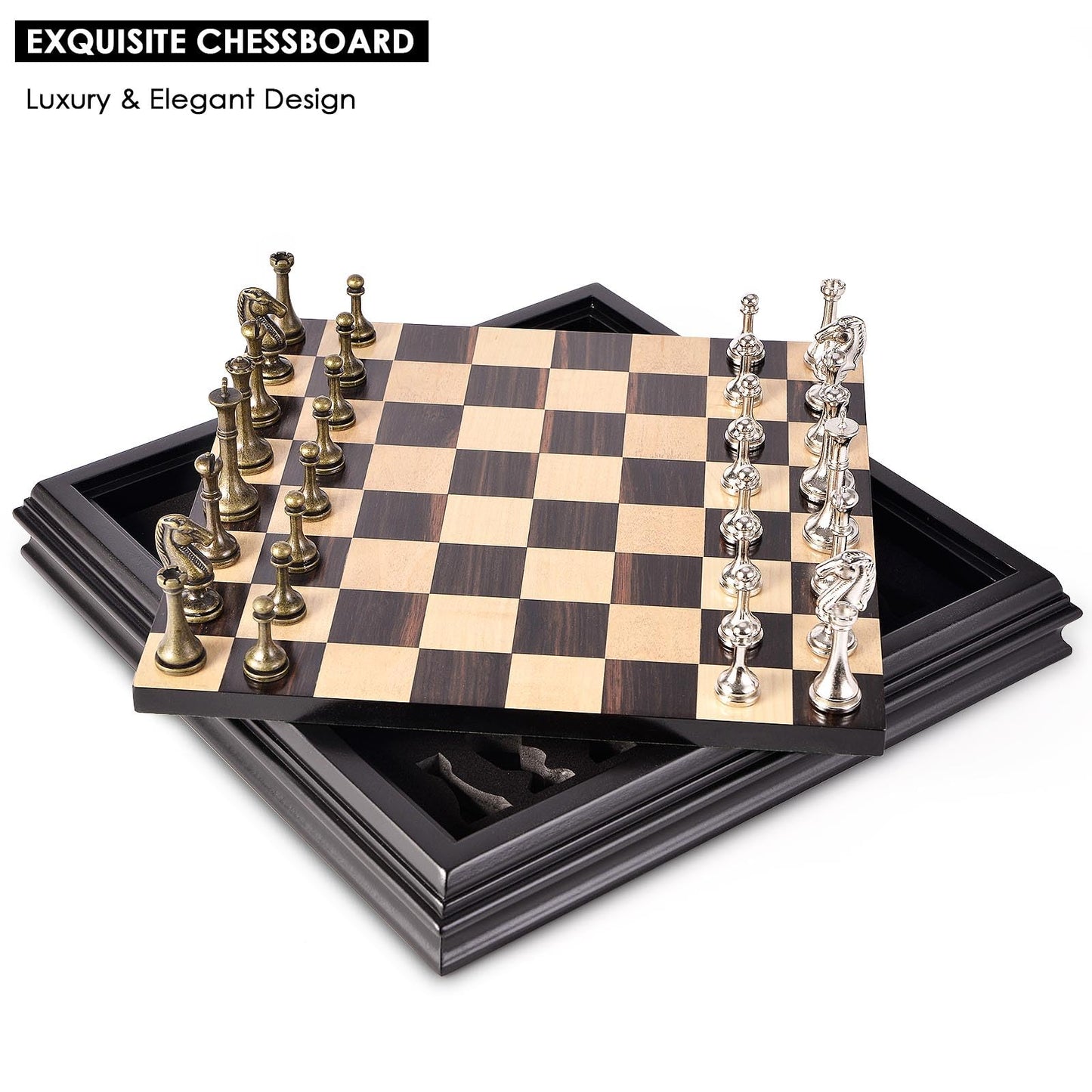 AMEROUS 12.5 inches Wooden Chess Set with Metal Chess Pieces，Classic Board Game w/ 2.5'' King/Storage for Chessmen/Instructions, Chess Sets for Adults, Kids, Beginner