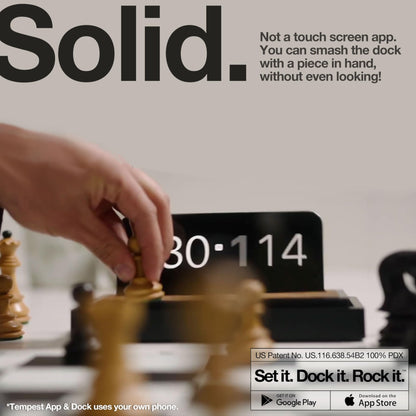 Tempest Deluxe Chess Clock (App & Dock Hybrid) – Solid Walnut & Genuine Leather | Transform Your Phone into a Premium, Customizable Game Timer | iOS & Android App + Deluxe Dock