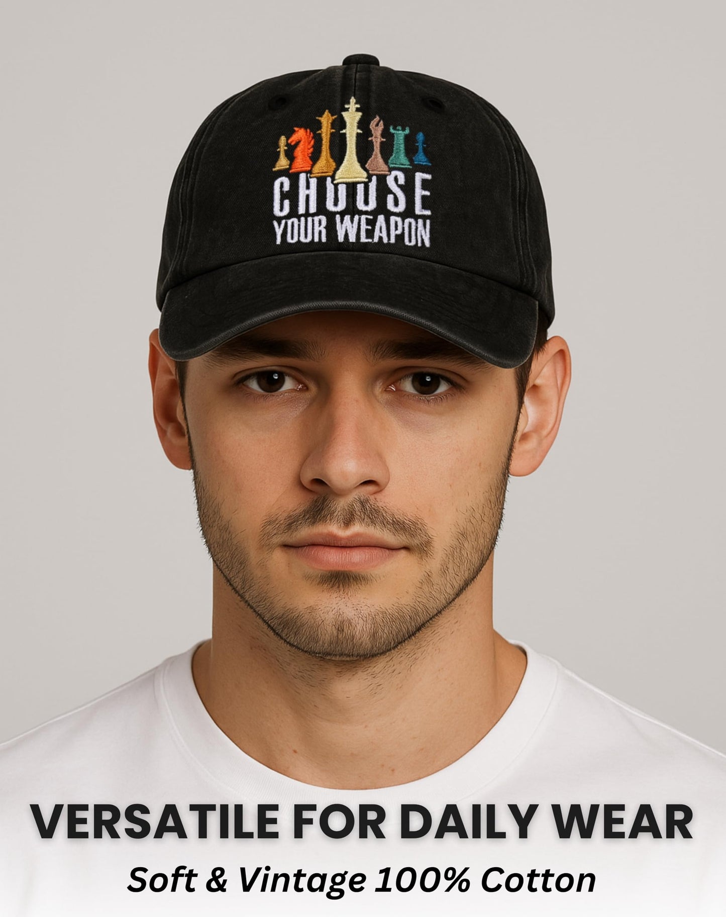 InnoBeta Chess Gifts Cap for Men - Adjustable Vintage Washed Cotton Embroidered Hat - Gift for Chess Lovers, Players, Teen Boys, Birthday - Black