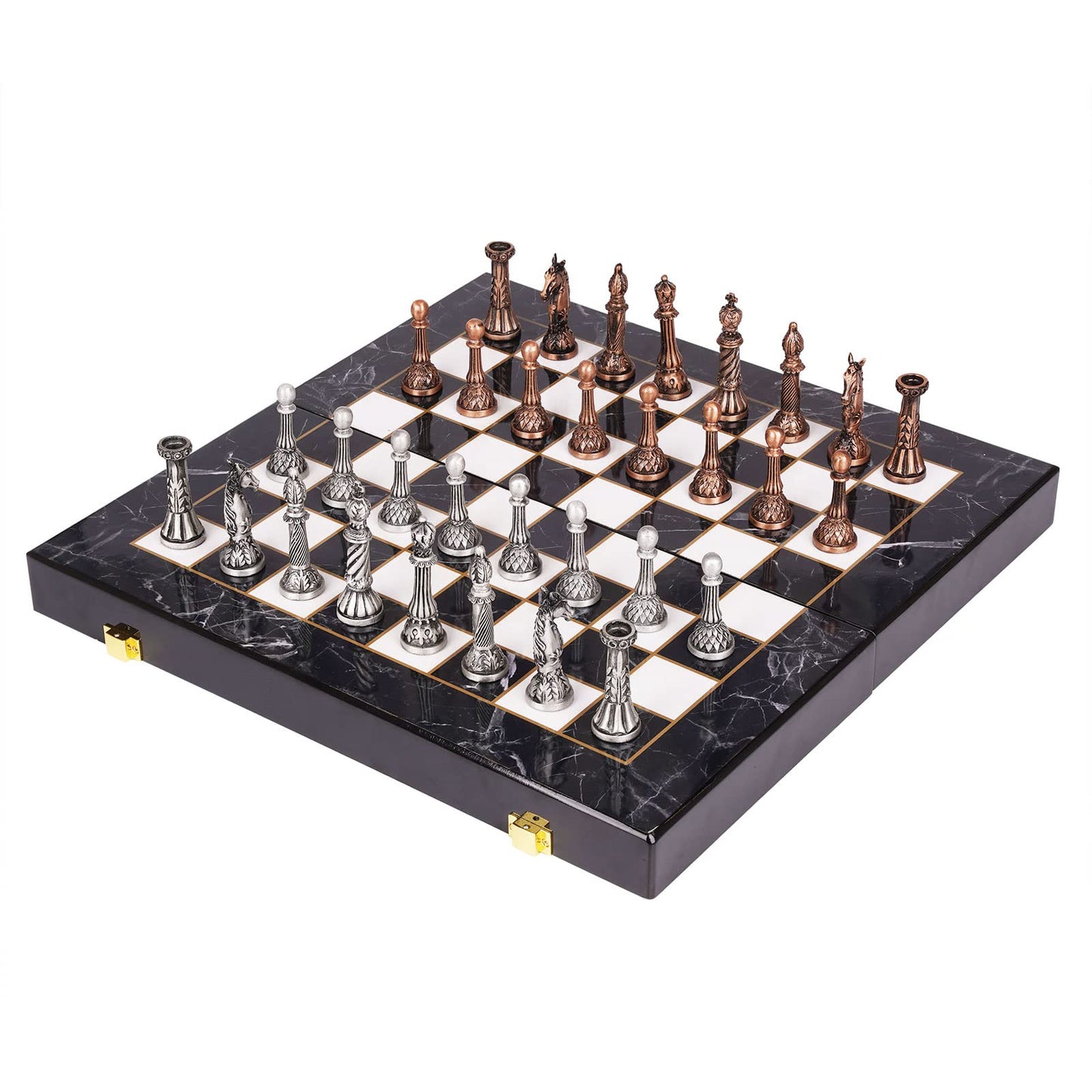 Retro Metal Chess Set for Adults and Kids – Marbling Chess Board with Chess Pieces – Travel Chess Set with Metal Pieces – Folding Chessboard – Ideal for Beginners and Professional Players