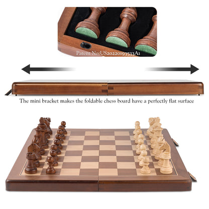 A&A 15" Magnetic Wooden Chess Set, Handmade 3" King Height Knight Staunton Chess Pieces with 2 Extra Queen, Folding Portable Travel Game Set