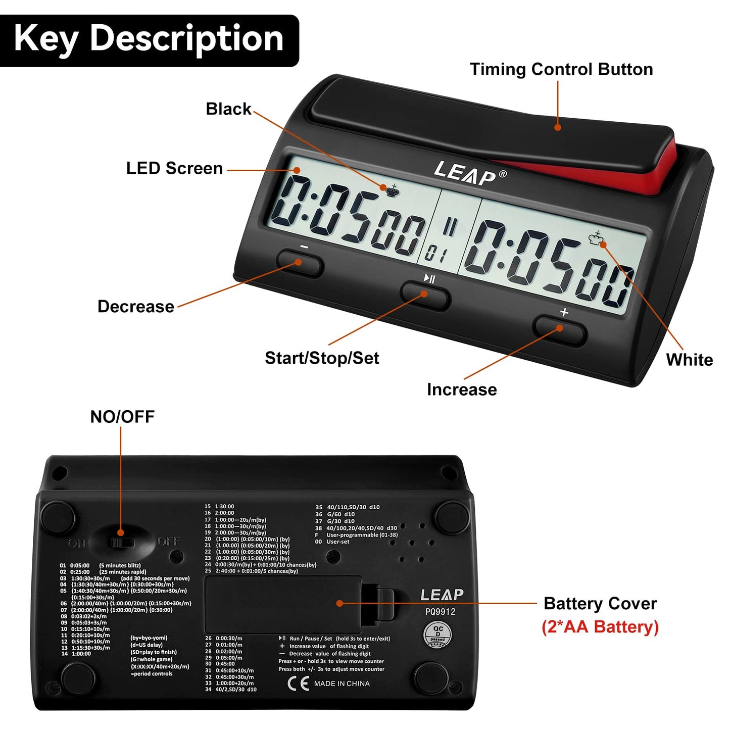 LEAP Chess Clock Advanced Digital Chess Timer with 7 Type 38 Timing Set Modes Including Single or Multi Period Countdown Restricted Moves or Time Function