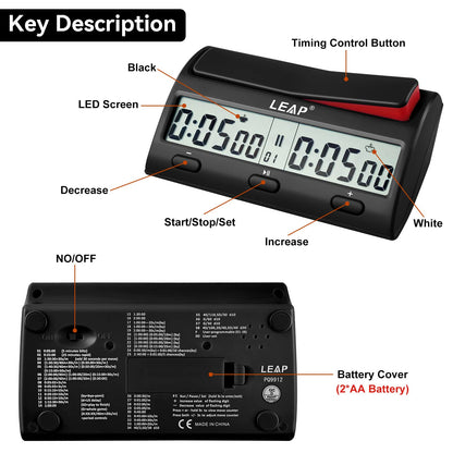 LEAP Chess Clock Advanced Digital Chess Timer with 7 Type 38 Timing Set Modes Including Single or Multi Period Countdown Restricted Moves or Time Function