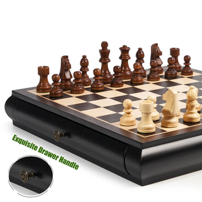 VAMSLOVE Wooden Chess Checkers Game Set 15.5" Large Size Board w/Storage Drawers, Weighted Chess Pieces - 2 Extra Queens 3" King, Gift for Birthday Housewarming Retirement - Black
