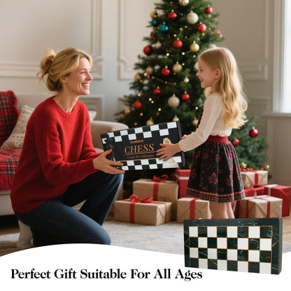 OUMODA 15" Large Chess Set for Adults- Weighted Acrylic Pieces Including Extra 2 Queens, 3.5" King w/Leather Base, Portable Folding Marbling Wooden Chess Board - Travel/Family Game & Elegant Gift