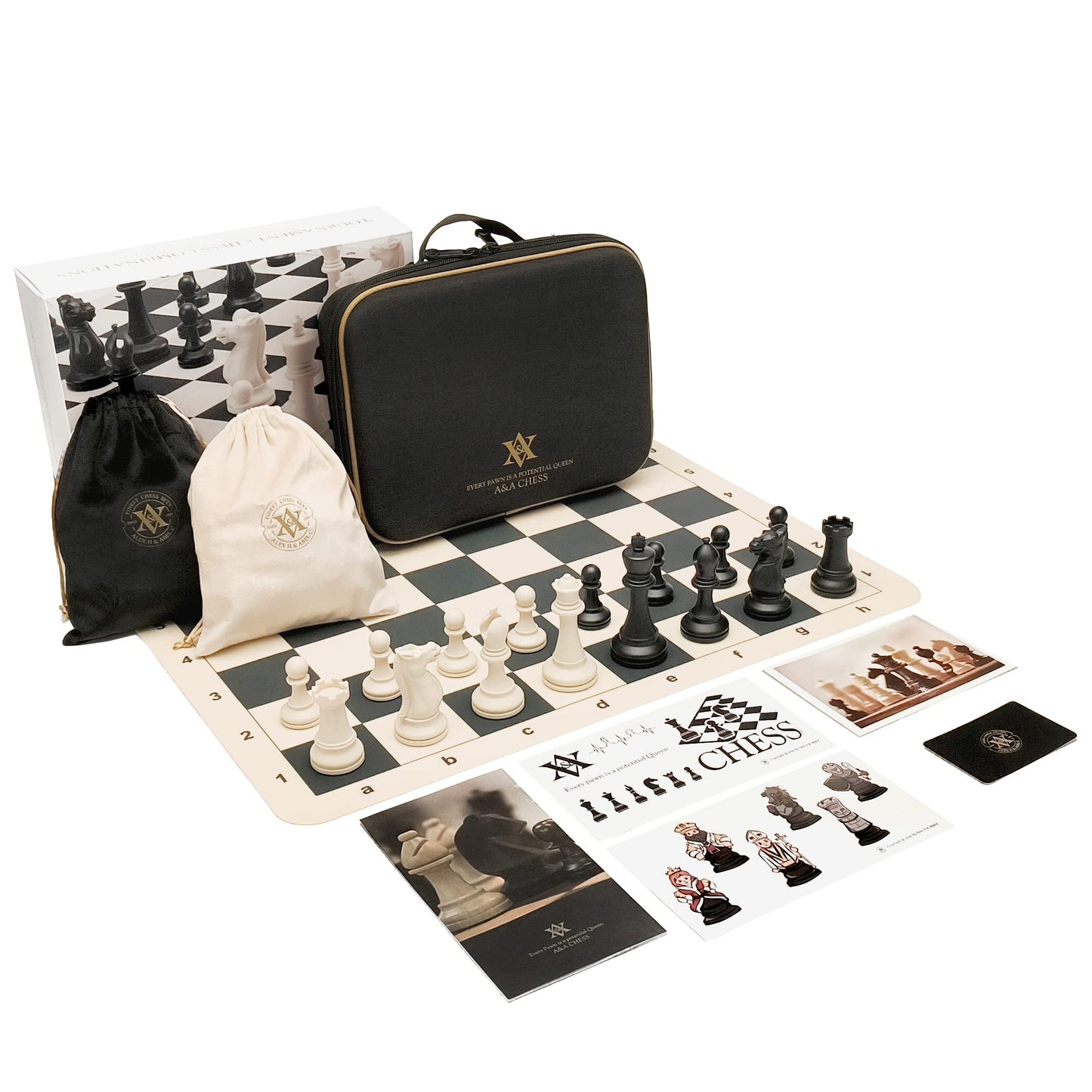 A&A Tournament Chess Set/ 20''x20'' Foldable Silicone Chess Board / 3.75'' King Height Plastic Quadruple Weighted Classic Staunton Pieces/Storage Bag for 6 Years Old - 2 Players