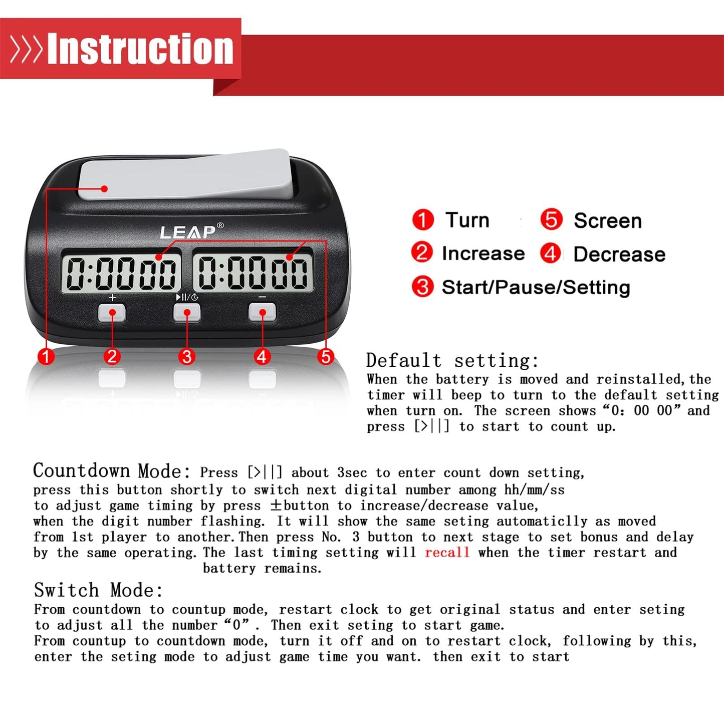 LEAP Chess Clock Digital Chess Timer Professional for Board Games Players Count Up/Down Timer with Alarm Function Black (Official Store)