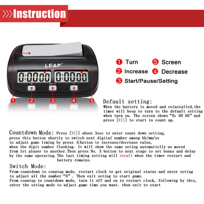 LEAP Chess Clock Digital Chess Timer Professional for Board Games Players Count Up/Down Timer with Alarm Function Black (Official Store)