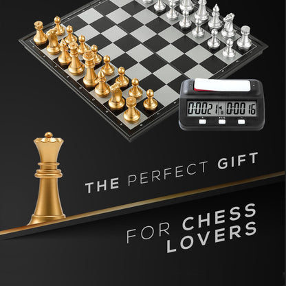 Magnetic Chess Game & Digital Clock Timer Set - Professional and Portable, 14" x 14" Travel Chess, Board Games