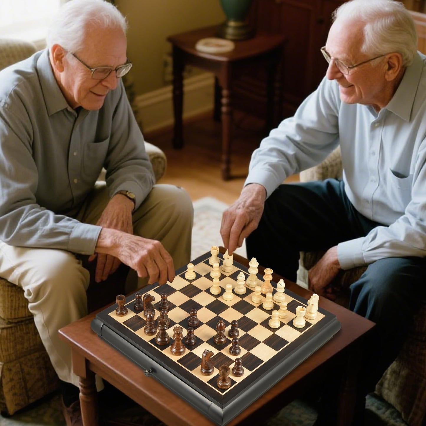 VAMSLOVE Wooden Chess Checkers Game Set 15.5" Large Size Board w/Storage Drawers, Weighted Chess Pieces - 2 Extra Queens 3" King, Gift for Birthday Housewarming Retirement - Black