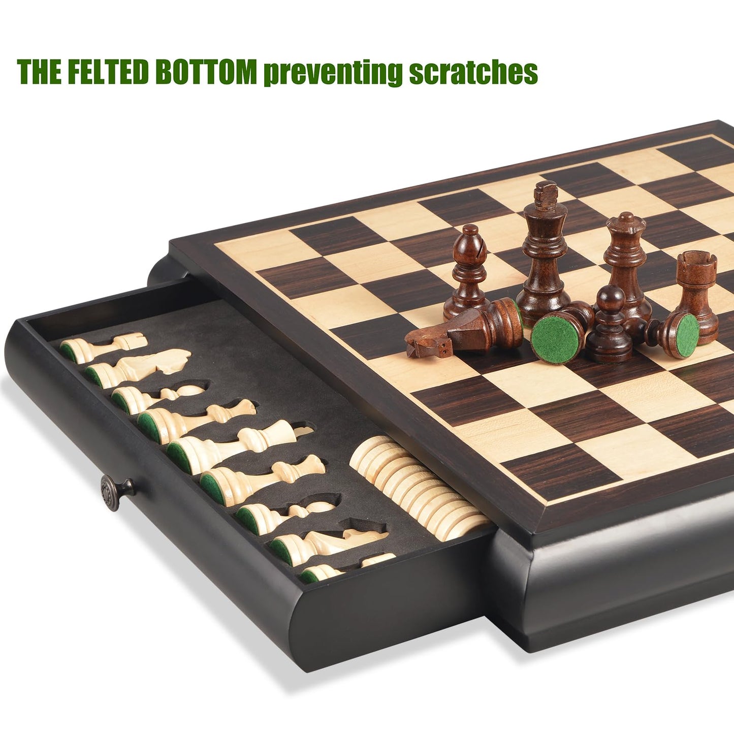 VAMSLOVE Wooden Chess Checkers Game Set 15.5" Large Size Board w/Storage Drawers, Weighted Chess Pieces - 2 Extra Queens 3" King, Gift for Birthday Housewarming Retirement - Black