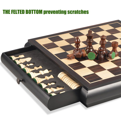 VAMSLOVE Wooden Chess Checkers Game Set 15.5" Large Size Board w/Storage Drawers, Weighted Chess Pieces - 2 Extra Queens 3" King, Gift for Birthday Housewarming Retirement - Black