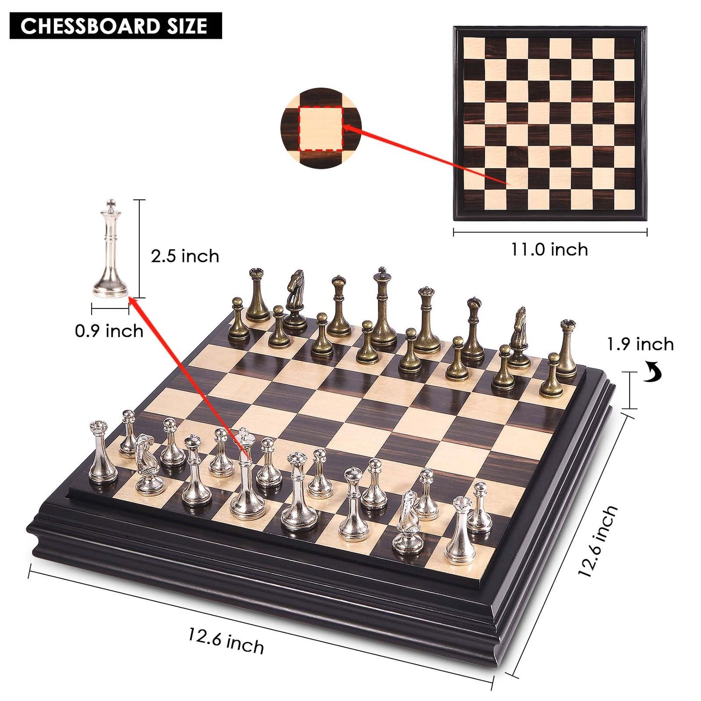 AMEROUS 12.5 inches Wooden Chess Set with Metal Chess Pieces，Classic Board Game w/ 2.5'' King/Storage for Chessmen/Instructions, Chess Sets for Adults, Kids, Beginner