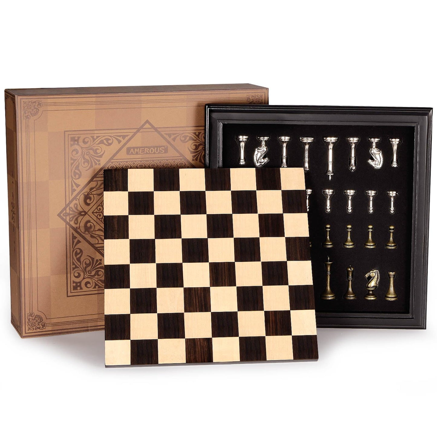 AMEROUS 12.5 inches Wooden Chess Set with Metal Chess Pieces，Classic Board Game w/ 2.5'' King/Storage for Chessmen/Instructions, Chess Sets for Adults, Kids, Beginner
