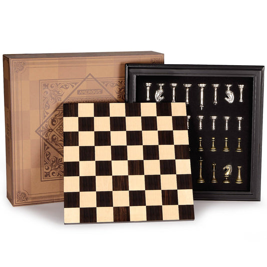 AMEROUS 12.5 inches Wooden Chess Set with Metal Chess Pieces，Classic Board Game w/ 2.5'' King/Storage for Chessmen/Instructions, Chess Sets for Adults, Kids, Beginner