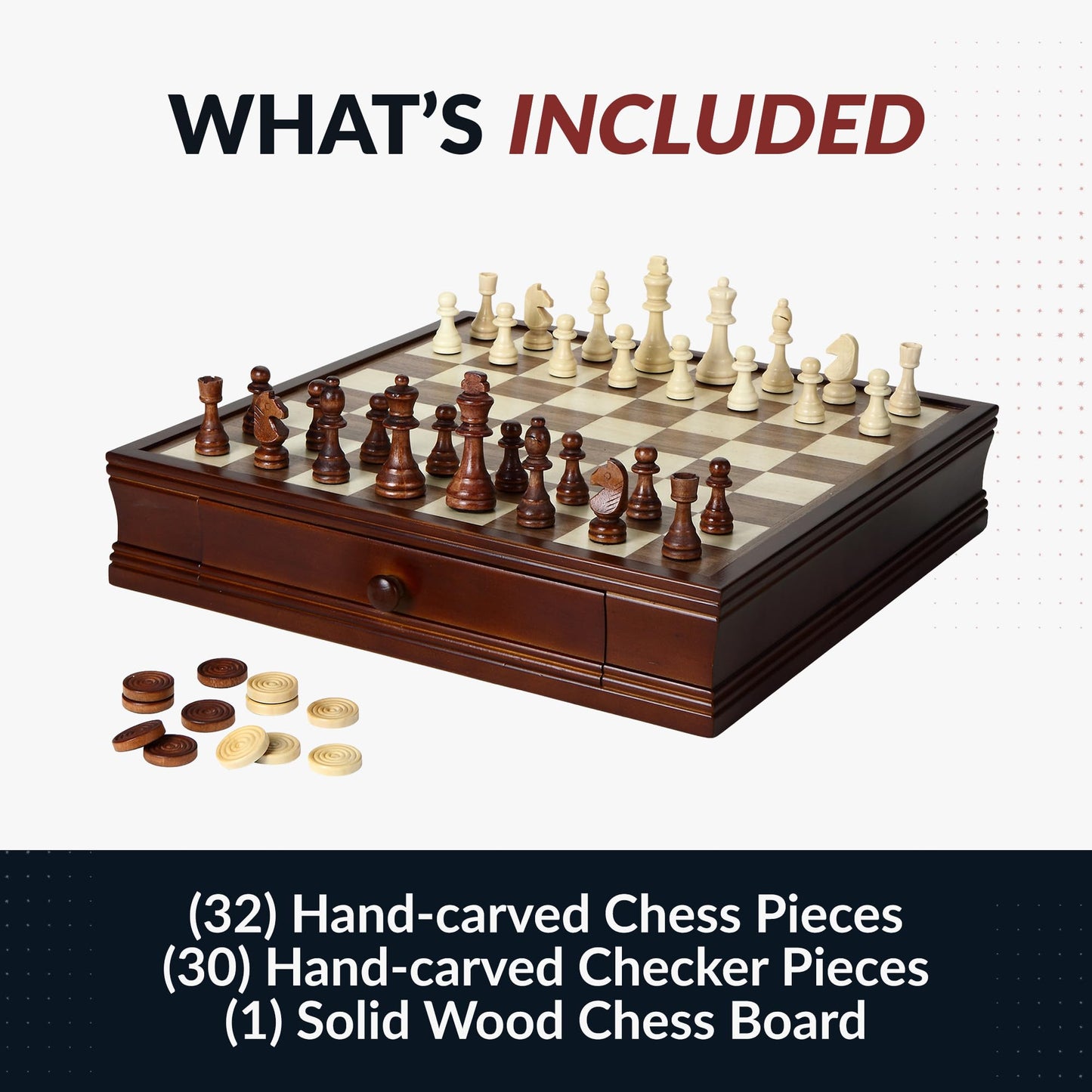 Hathaway Prodigy 19-in Wooden Chess and Checkers Set – Hardwood Board with Hand-Carved Pieces, Built-in Storage Drawers - Complete Wooden Chess Set - Walnut and Maple Finish