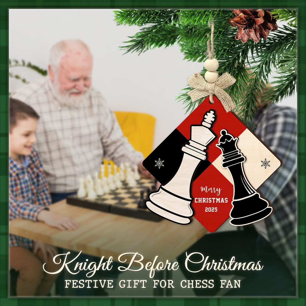CHOANG Chess Christmas Ornament 2025 - King & Queen Merry Xmas Ornaments, 2 Layer Wood for Chess Lover, Coach, Player, Club, Friend - Tree Hanging Decoration for Kids, Adults