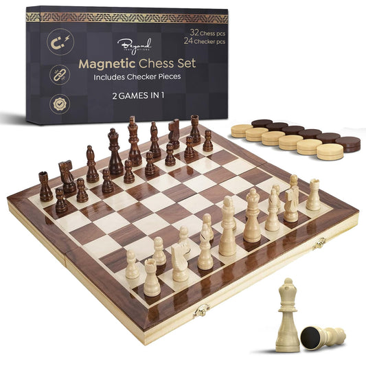 Wooden Magnetic Chess Set | 15 Inch Foldable Chess Board - 2 Extra Queens - Magnetic Chess Game with Storage | Chess Sets for Adults | Handmade Portable Travel Chess Set for Kids & Beginners