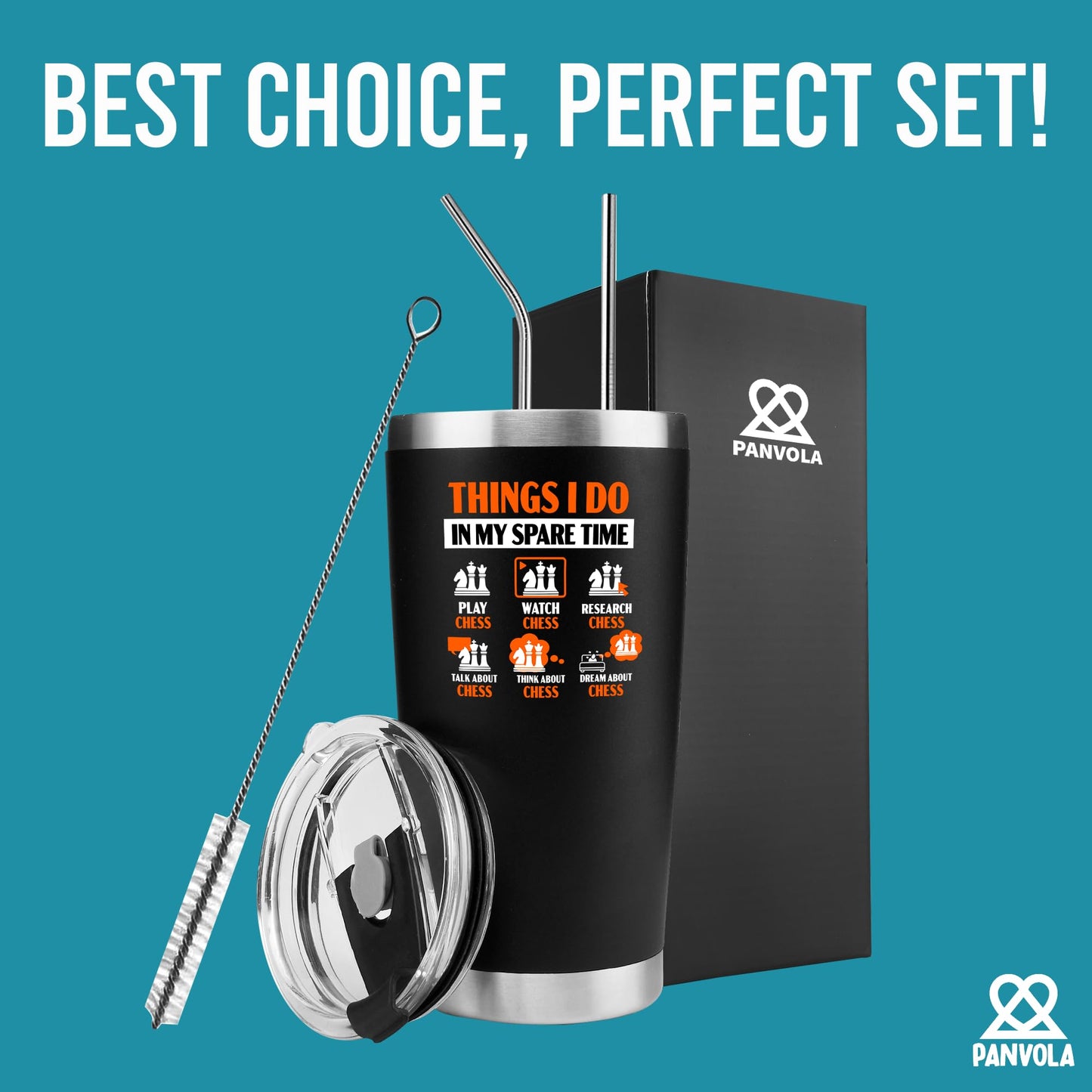 Panvola Things I Do In My Spare Time Chess Gifts Player Coach Chess Lover Dad Boyfriend Husband Brother Vacuum Insulated Stainless Steel Tumbler with Removable Lid and Straw 20 oz Black